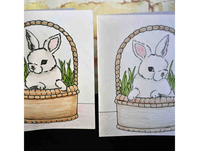 Note Cards (4) With Original Watercolor Flowers and Bunnies - Blank Inside