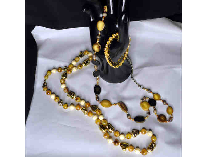 Tan and Gold Tone Necklace, Brown Round/Flat Bead Necklace, and Gold/Rhinestone Bracelet