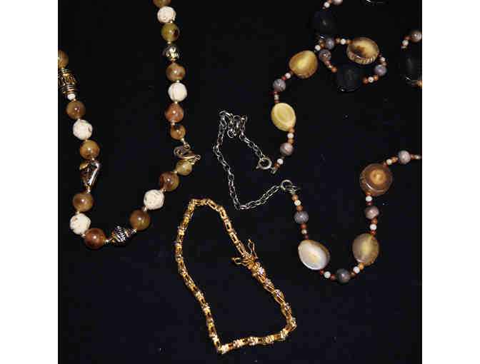 Tan and Gold Tone Necklace, Brown Round/Flat Bead Necklace, and Gold/Rhinestone Bracelet