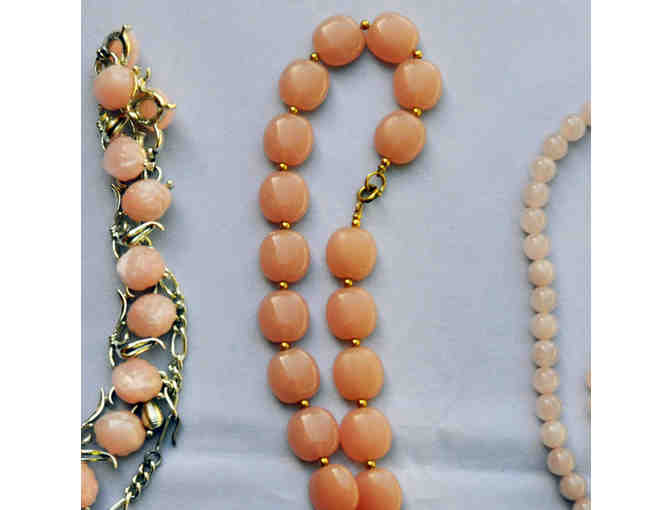 Three Pink Necklaces: Stone Beads 18', Plastic Flat Beads 16', Silver and Resin Adjustable