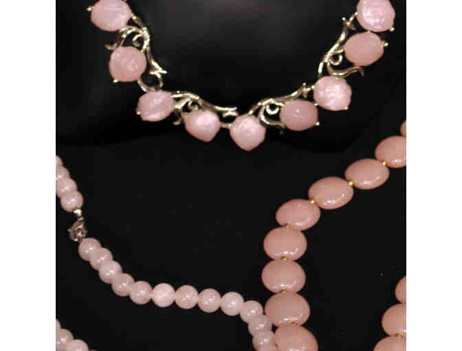 Three Pink Necklaces: Stone Beads 18', Plastic Flat Beads 16', Silver and Resin Adjustable