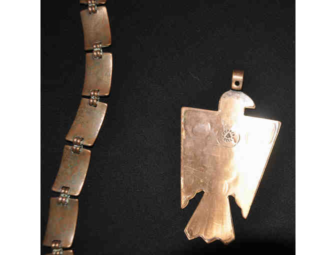 Turquoise Resin Beaded Necklace 36' with Copper Bracelet and Thunderbird Pendant