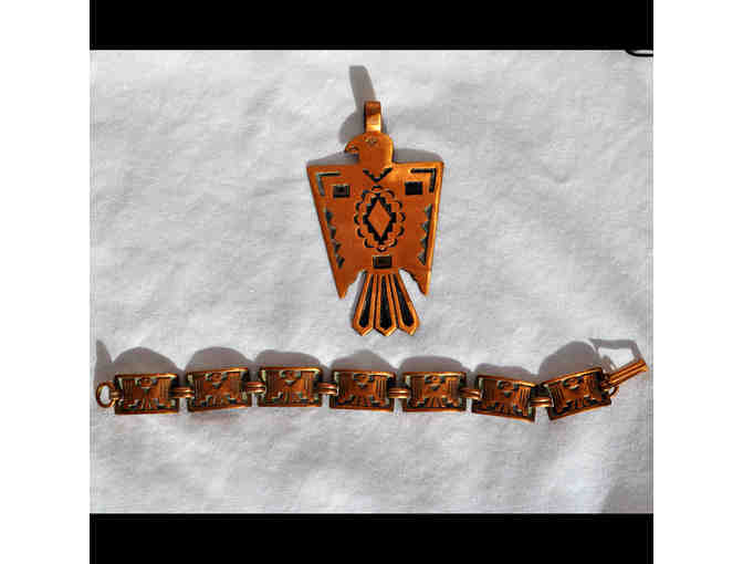 Turquoise Resin Beaded Necklace 36' with Copper Bracelet and Thunderbird Pendant
