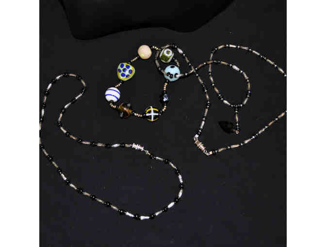 Two Black and Clear Beaded Necklaces and Multi-Colored Glass Bead Stretch Bracelet
