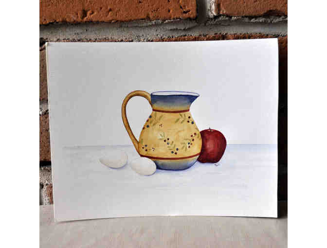 Watercolor - Pitcher, Eggs, and Apple - Matted/Unframe - Original by Marlene Koch