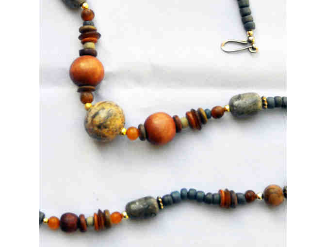 Wood, Stone, and Metal Bead Necklace 30' and Gold Colored Metal Dragon Earrings