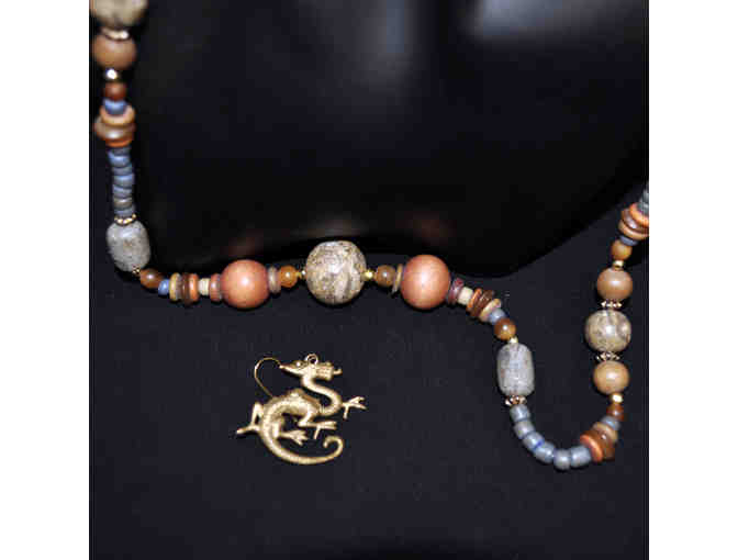Wood, Stone, and Metal Bead Necklace 30' and Gold Colored Metal Dragon Earrings