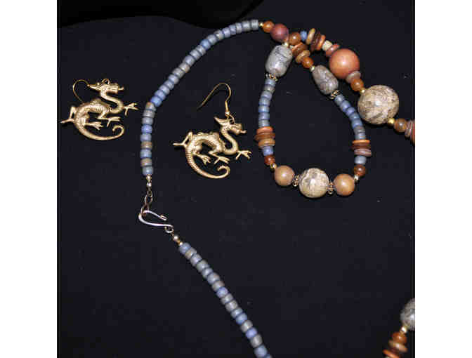 Wood, Stone, and Metal Bead Necklace 30' and Gold Colored Metal Dragon Earrings