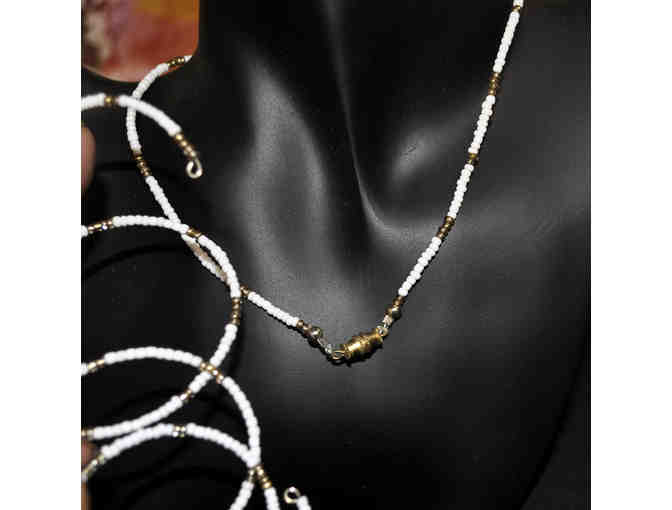 White and Gold Beaded Necklace 16' and Matching Wire Coil Bracelet