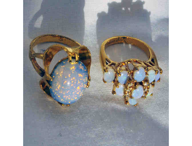 White Resin Beaded Necklace 18' and Two Simulated Opal Rings In Gold Colored Metal