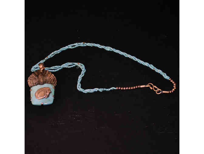 Turquoise and Silver Pendant with Eagle and Greyhound on Matching Seed Bead Necklace