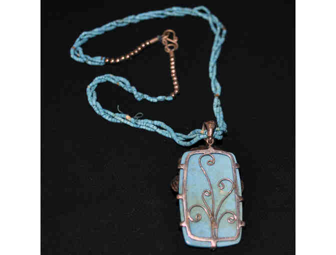 Turquoise and Silver Pendant with Eagle and Greyhound on Matching Seed Bead Necklace