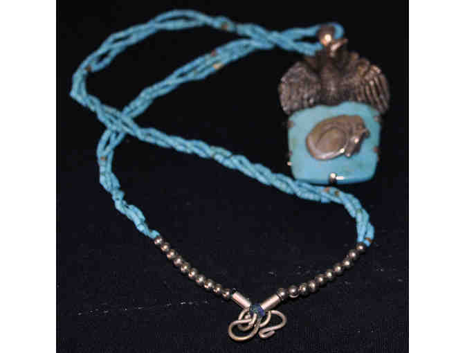 Turquoise and Silver Pendant with Eagle and Greyhound on Matching Seed Bead Necklace