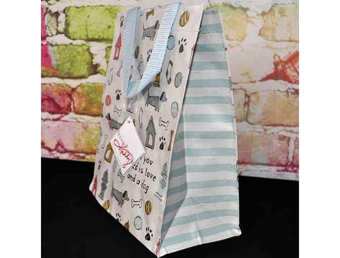 White Market Tote - Blue Web Handles - Dog Design - 'All You Need Is Love And A Dog'