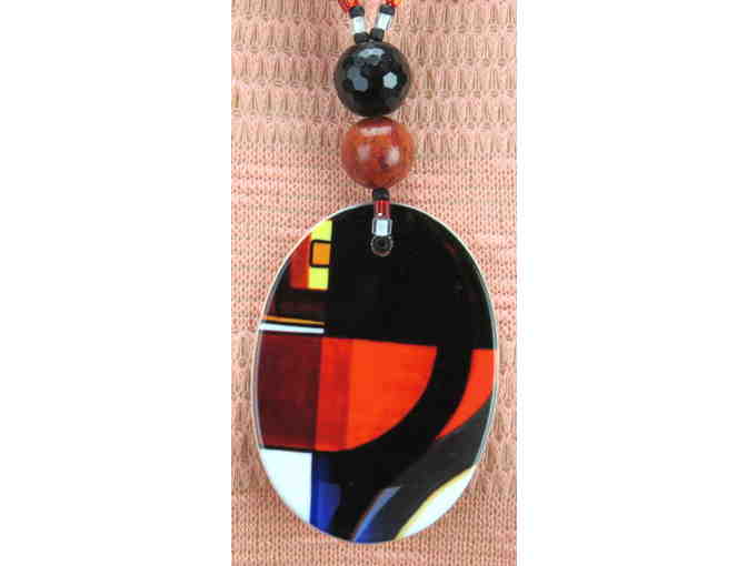 #763: 1/Kind Necklace features Semi Precious Gemstones & Porcelain Art Pendant!