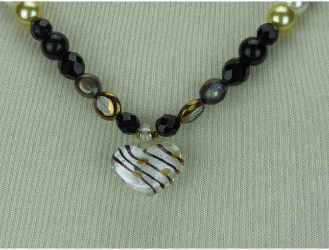 Romantic Classic Necklace w/Onyx, Freshwater and South Sea Shell Pearls, Heart Drop