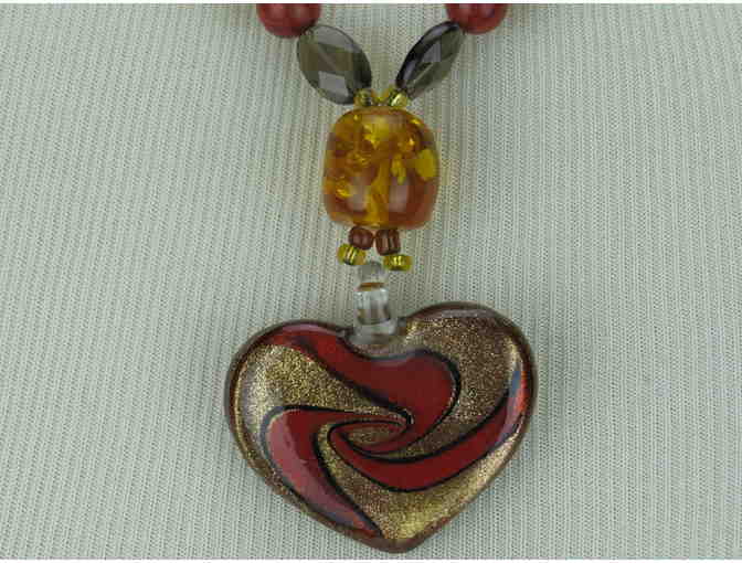 Romantic Necklace w/Amber, Coral, Tigers Eye and Art Glass Heart Pendant! Handcrafted 63