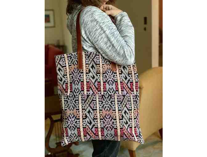 Woven Pink Tote with leather handles