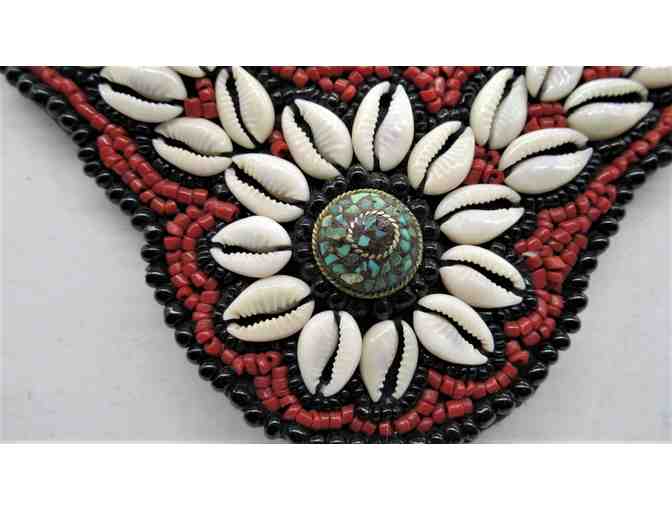 Handmade Necklace of Cowrie Shells, Coral and Black Beads