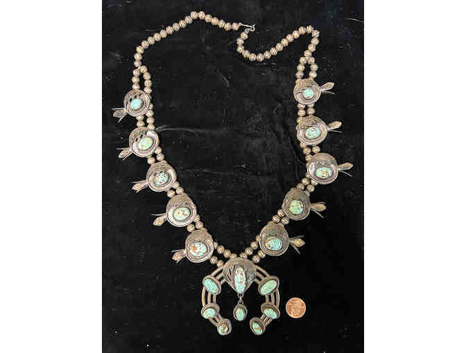 Stunning Vintage Navajo Squash Blossom Necklace Silver & Turquoise