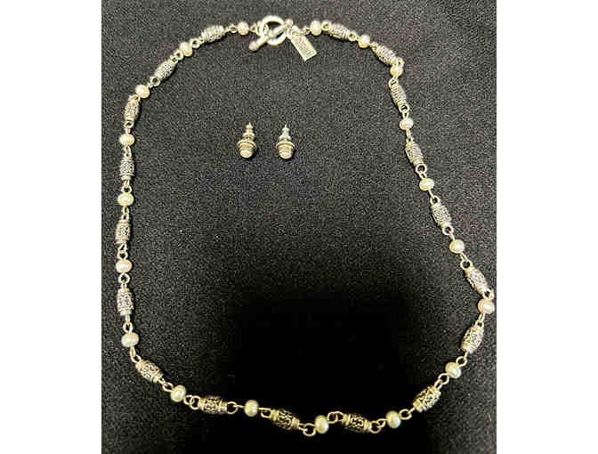 Baroni Designs Sterling Silver Bali Bead & Pearl Necklace Matching Earrings Set