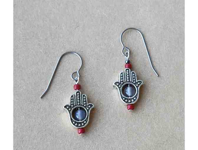 Hamsa, Hand of Fatima, Moonstone Earrings by Betsy Roberts