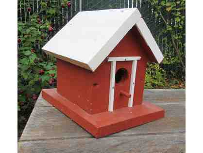 Reddish-Brown Bird House with White Roof and Trim