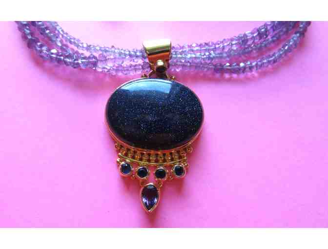 Deep Blue Goldstone Pendant with Amethyst-Colored Stone Chain Necklace
