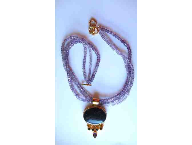 Deep Blue Goldstone Pendant with Amethyst-Colored Stone Chain Necklace