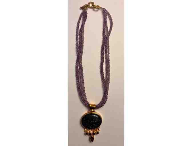 Deep Blue Goldstone Pendant with Amethyst-Colored Stone Chain Necklace