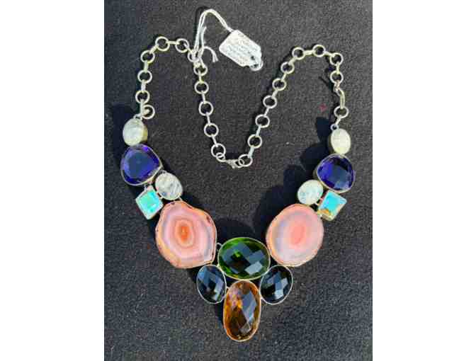 Chunky Silver Necklace with Rainbow Topaz and Green Amethyst