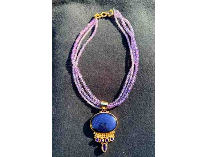Deep Blue Goldstone Pendant with Amethyst-Colored Stone Chain Necklace - Photo 1