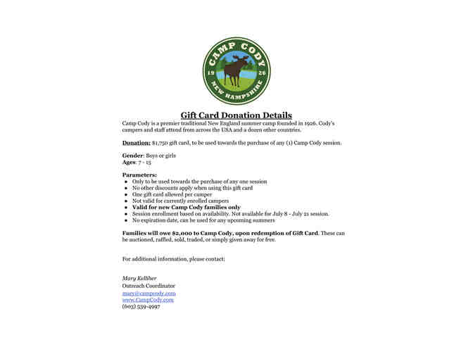 Camp Cody $1,500 Gift Card!