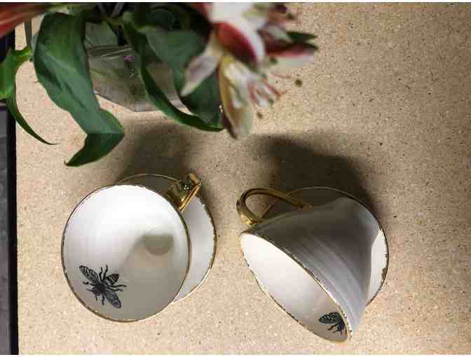 Two Porcelain Bee Teacups & Saucers