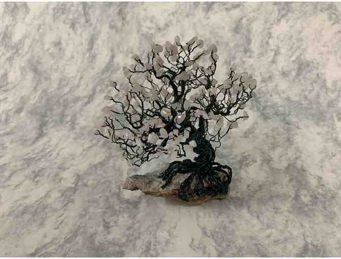 6' Dark Green and White Wire Tree with Rose Quartz Leaves and Stone Base