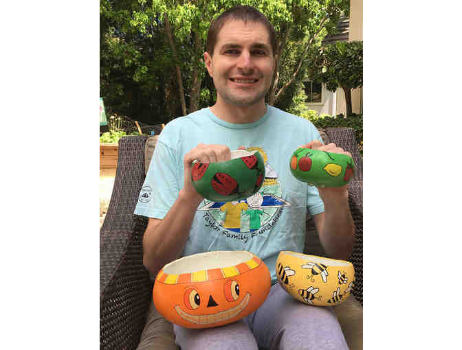 Eight Hand-Painted Custom Garden Stakes and a Colorful Gourd Bowl