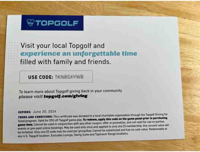 Topgolf $50 off game play certificate