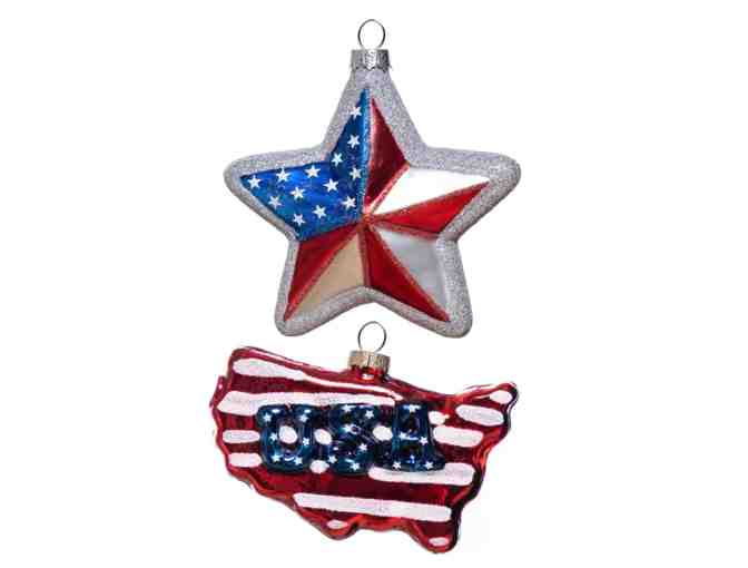 Set of 2 Hand Blown Glass Patriotic Christmas Ornaments