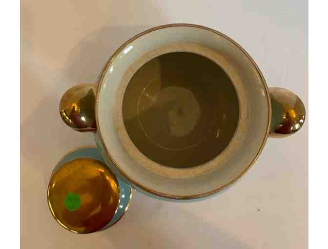 Hall China Cookie Jar Blue Turquoise & Gold W/Lid
