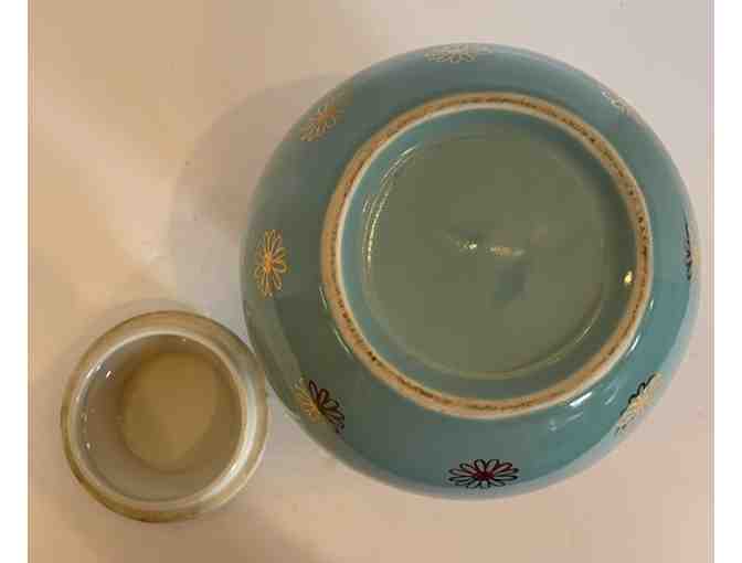 Hall China Cookie Jar Blue Turquoise & Gold W/Lid