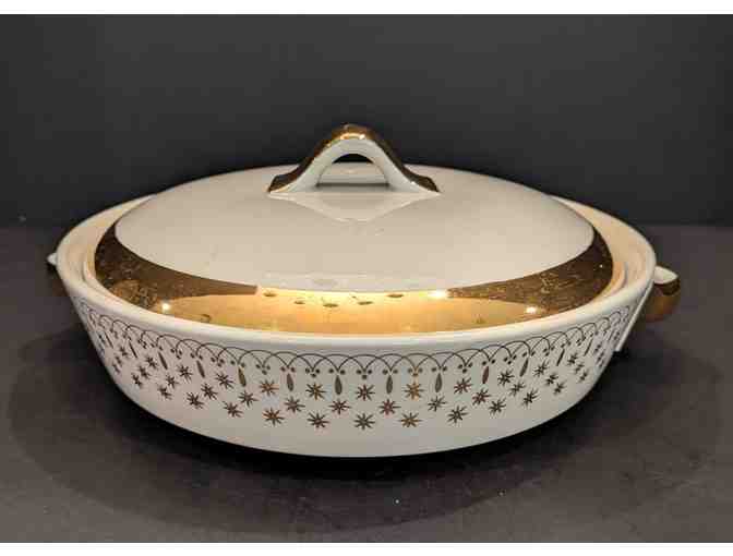 Hall China Flare-Ware Cookie Jar and Covered Dish Gold Trim
