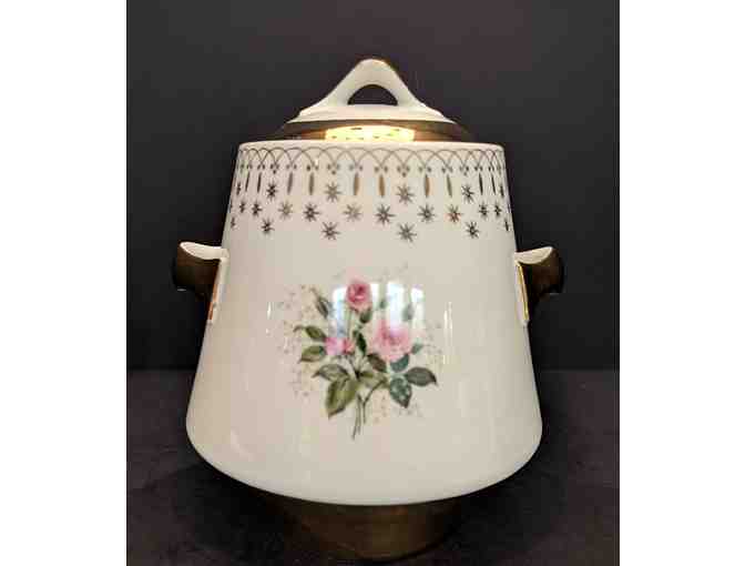 Hall China Flare-Ware Cookie Jar and Covered Dish Gold Trim