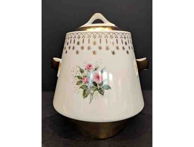 Hall China Flare-Ware Cookie Jar and Covered Dish Gold Trim