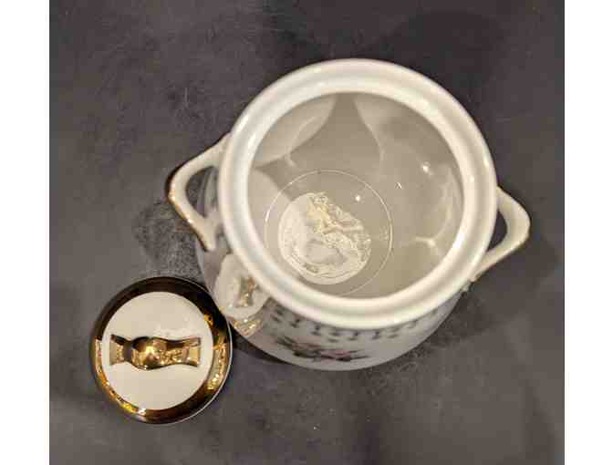 Hall China Flare-Ware Cookie Jar and Covered Dish Gold Trim