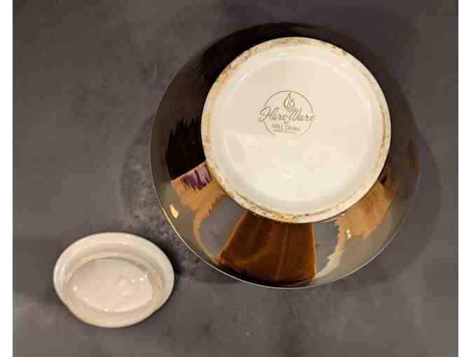 Hall China Flare-Ware Cookie Jar and Covered Dish Gold Trim