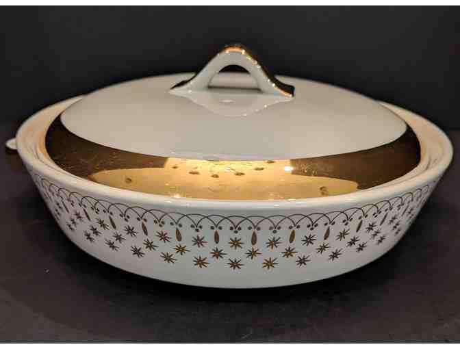Hall China Flare-Ware Cookie Jar and Covered Dish Gold Trim