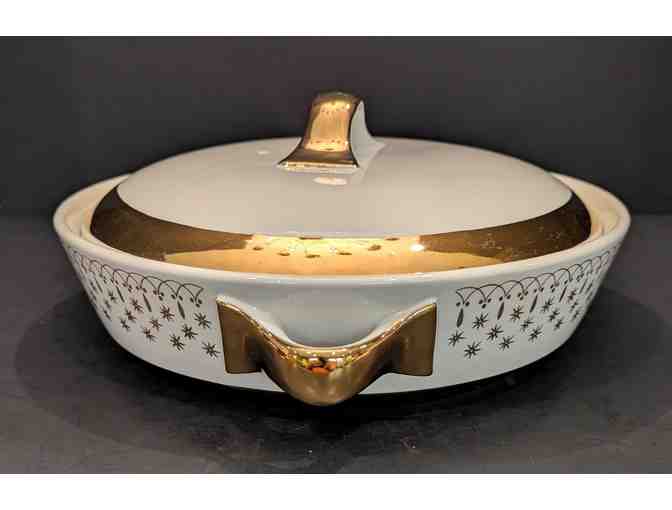 Hall China Flare-Ware Cookie Jar and Covered Dish Gold Trim