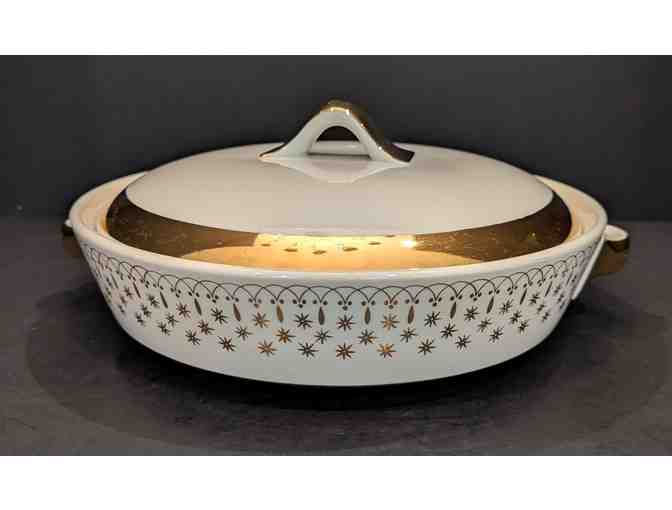 Hall China Flare-Ware Cookie Jar and Covered Dish Gold Trim