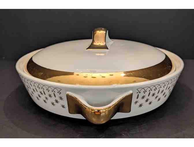 Hall China Flare-Ware Cookie Jar and Covered Dish Gold Trim