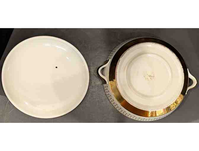 Hall China Flare-Ware Cookie Jar and Covered Dish Gold Trim